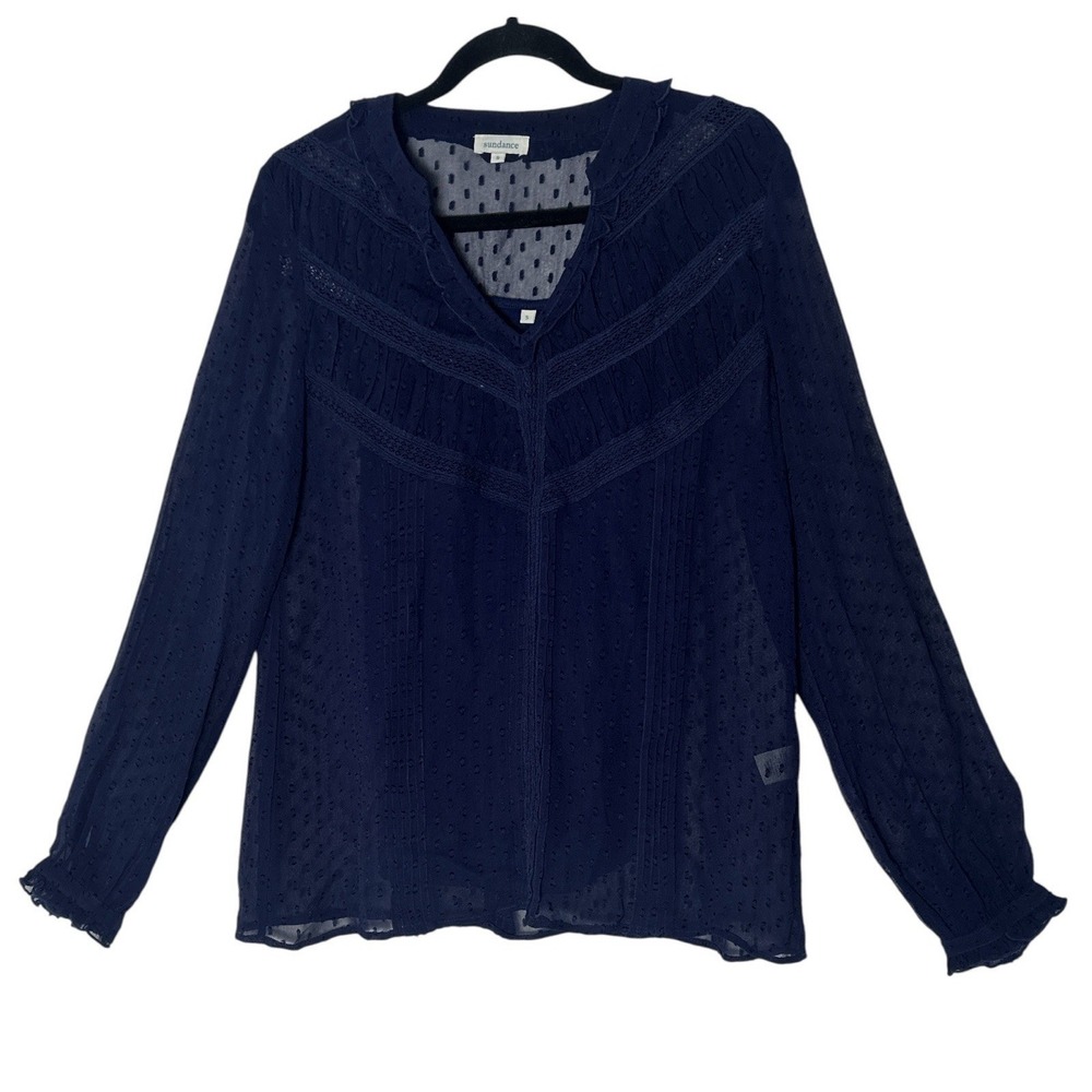 Sundance Top Women's Small Navy Blue Swiss Dot Tank Lined Sheer Long Sleeve